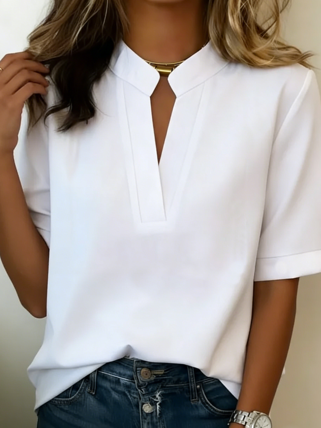 Women's Notched V-Neck Roll Sleeve Blouse Lightweight