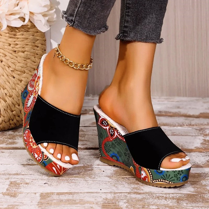 Women's Velvet Boho Print Platform Wedge Mule Sandals