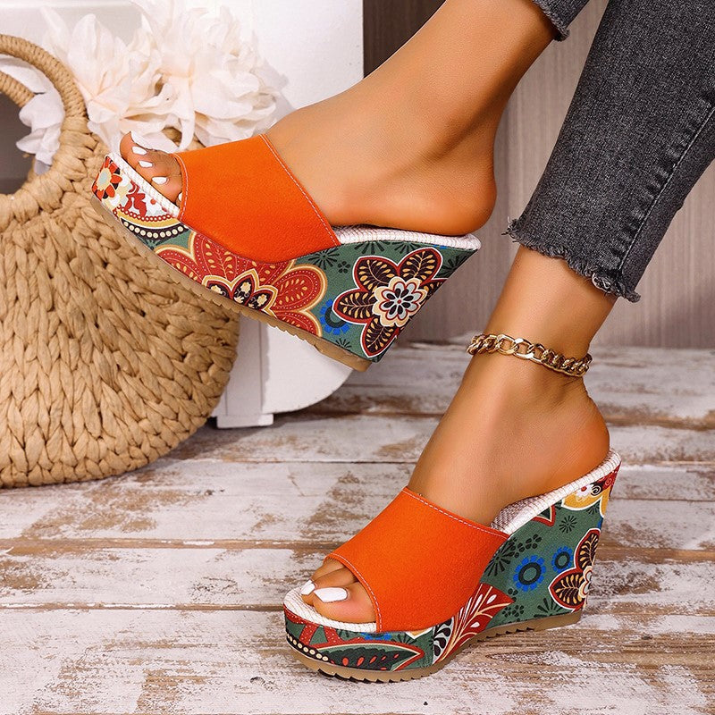 Women's Velvet Boho Print Platform Wedge Mule Sandals