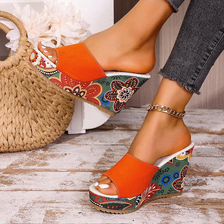 Women's Velvet Boho Print Platform Wedge Mule Sandals
