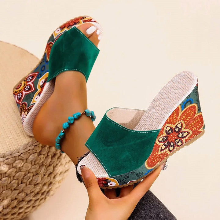 Women's Velvet Boho Print Platform Wedge Mule Sandals