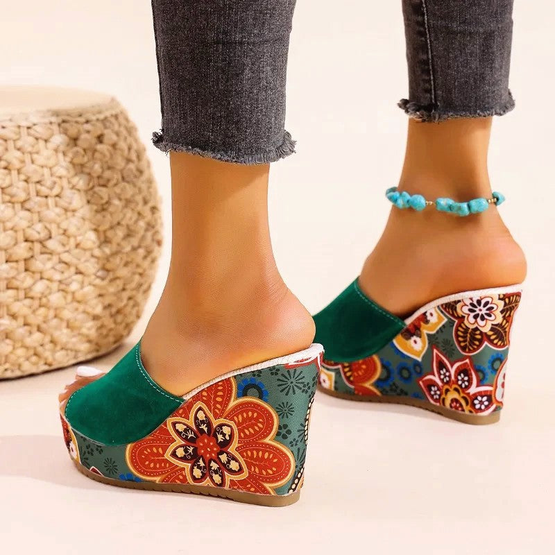 Women's Velvet Boho Print Platform Wedge Mule Sandals