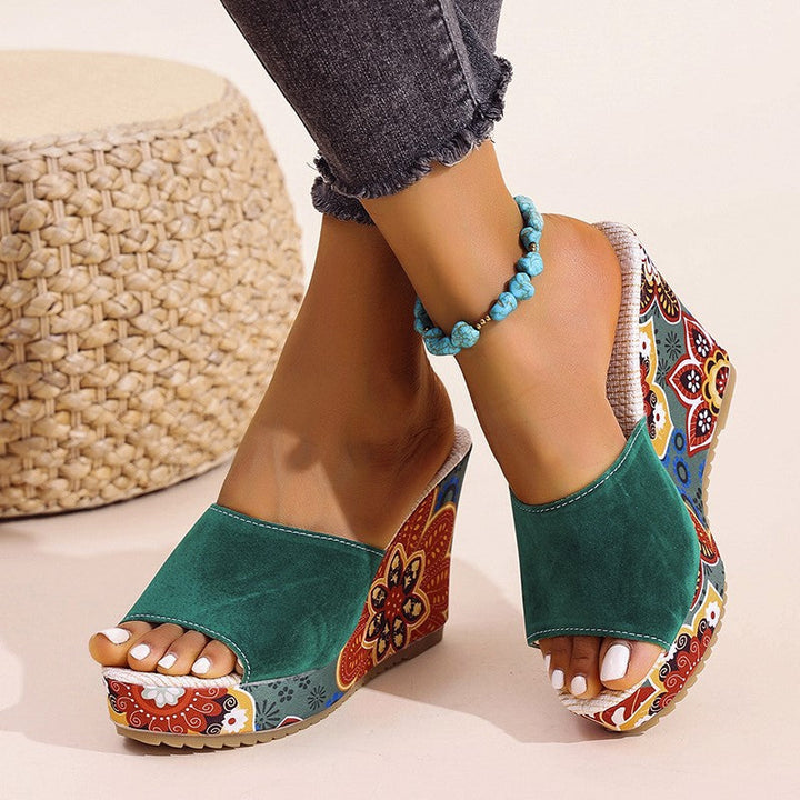Women's Velvet Boho Print Platform Wedge Mule Sandals
