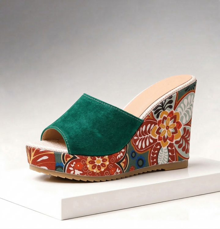 Women's Velvet Boho Print Platform Wedge Mule Sandals