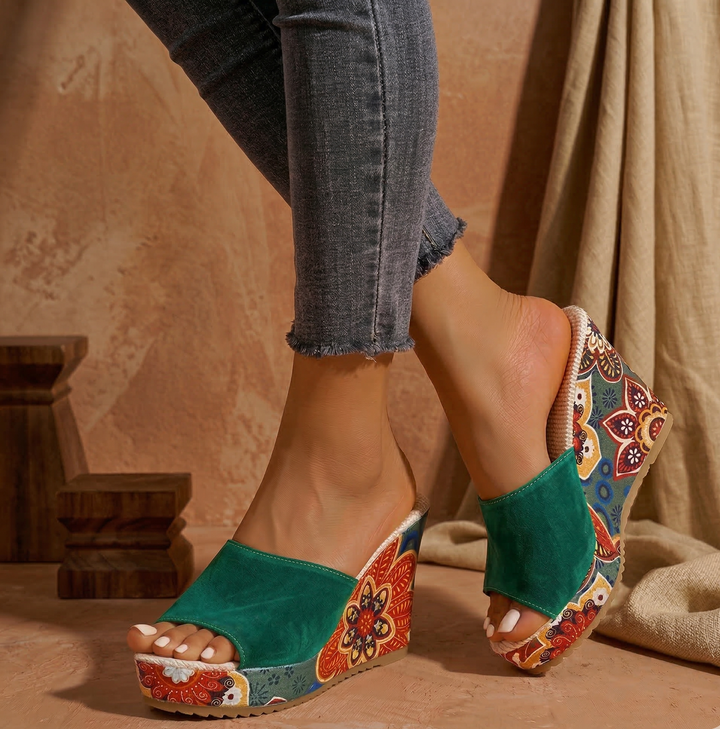 Women's Velvet Boho Print Platform Wedge Mule Sandals