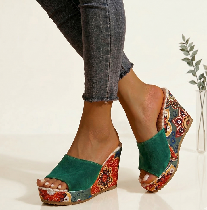 Women's Velvet Boho Print Platform Wedge Mule Sandals