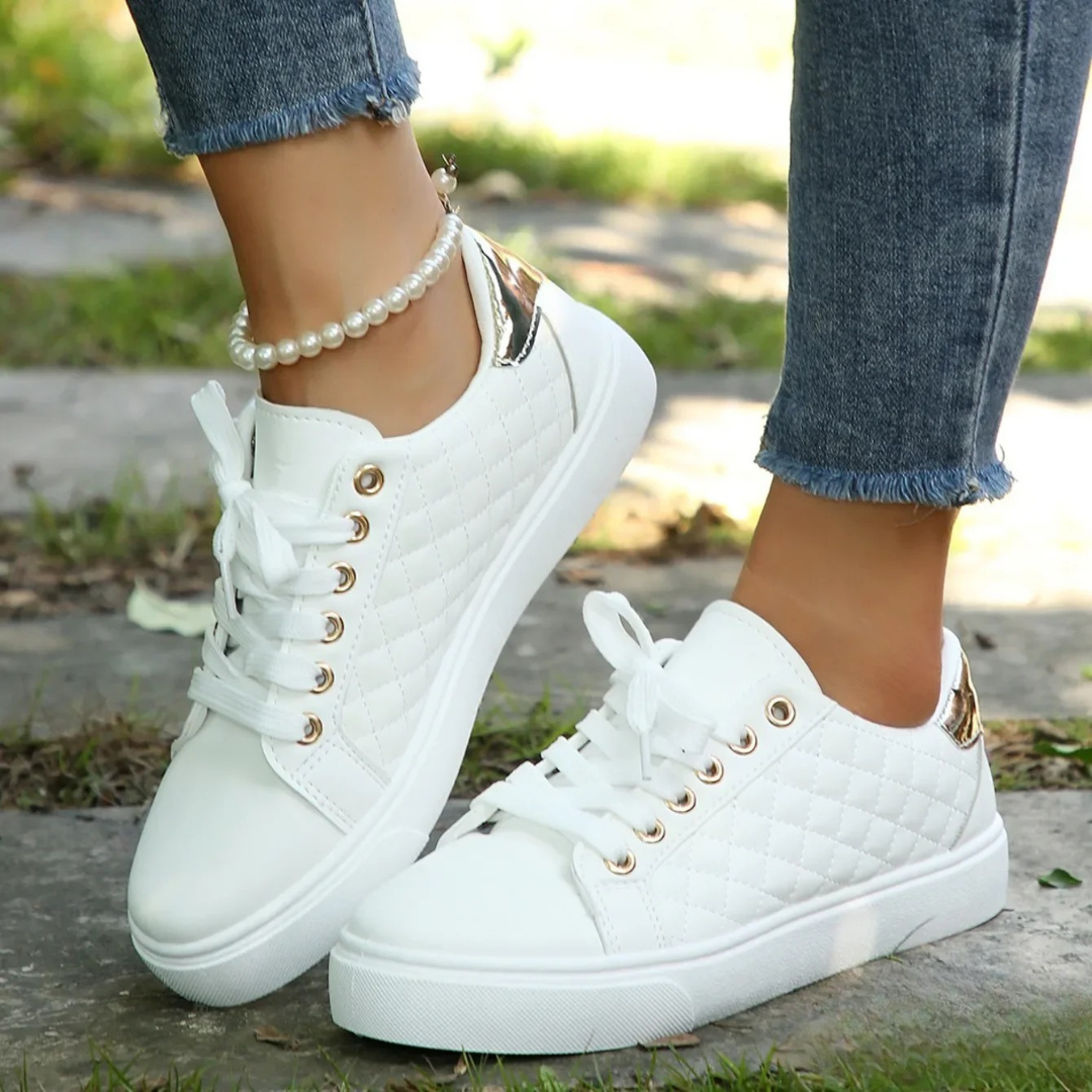 Women's Quilted Lace-Up Trainer Shoes Gold Detail Platform