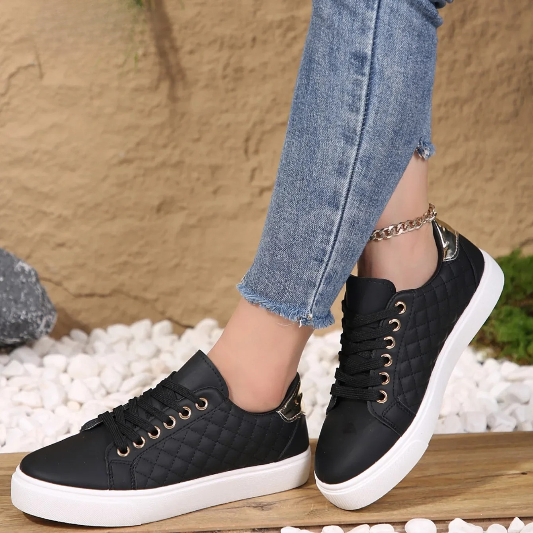 Women's Quilted Lace-Up Trainer Shoes Gold Detail Platform