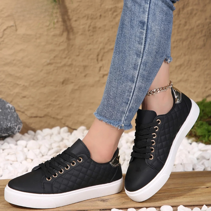 Women's Quilted Lace-Up Trainer Shoes Gold Detail Platform