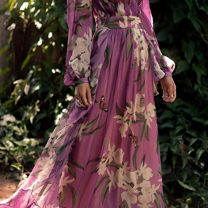 Women's Floral Maxi Dress V-Neck Long Sleeve Cinched Waist