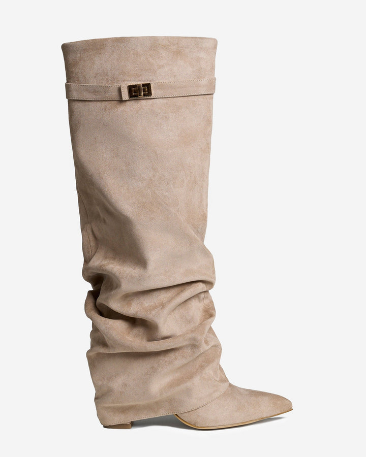 Women's Suede Slouchy Buckle Trim Knee High Boots