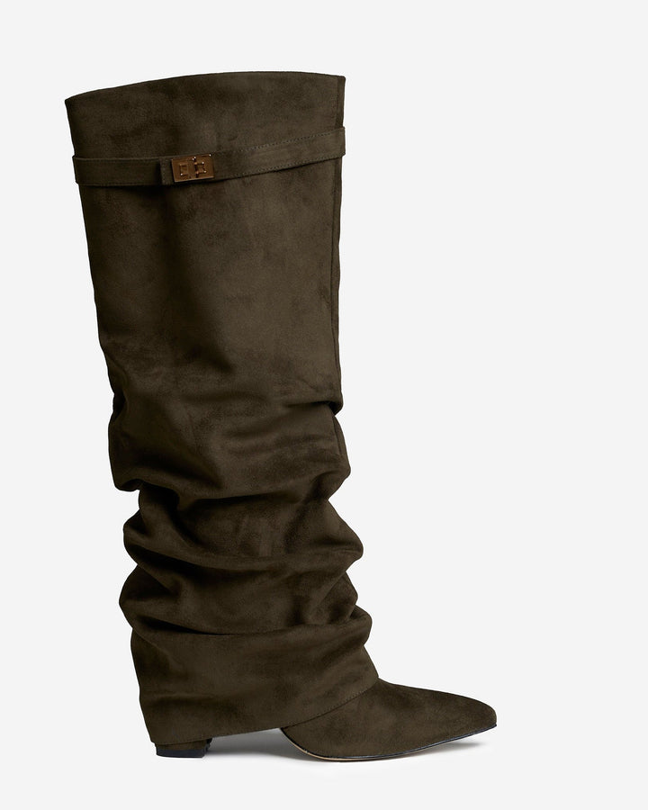 Women's Suede Slouchy Buckle Trim Knee High Boots