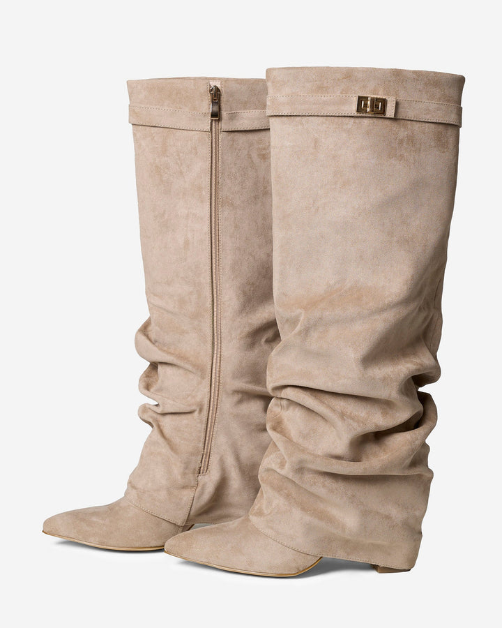 Women's Suede Slouchy Buckle Trim Knee High Boots