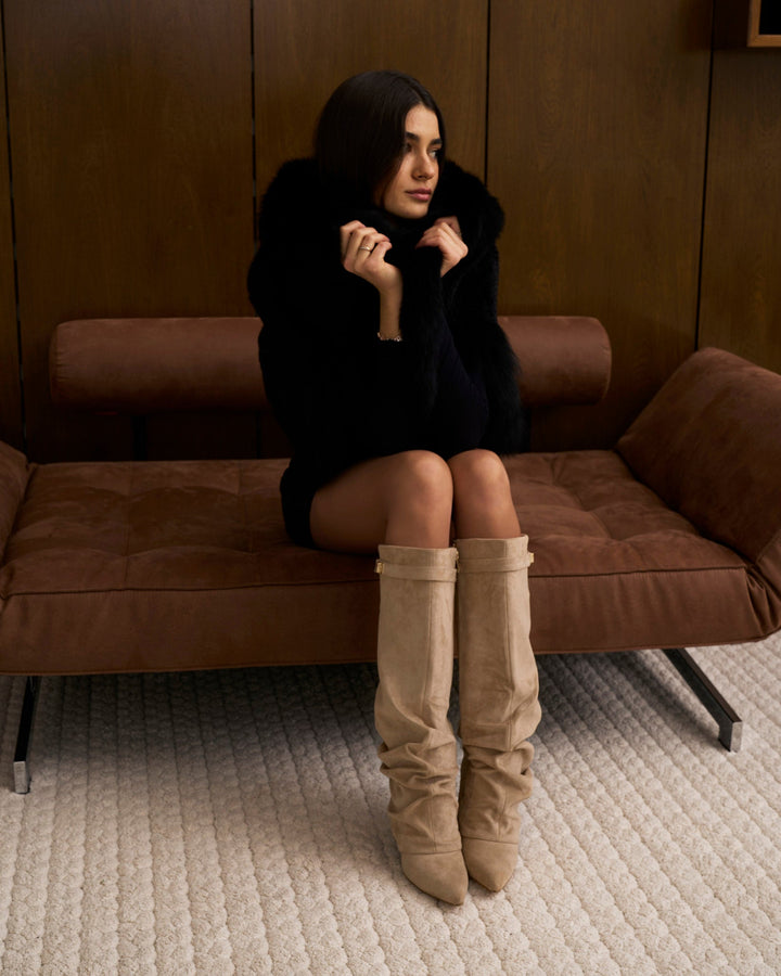Women's Suede Slouchy Buckle Trim Knee High Boots