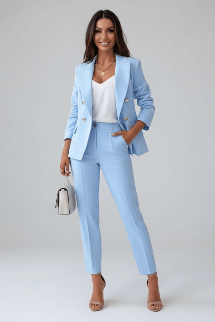 Women's Double Breasted Blazer Trouser Suit Two Piece Set