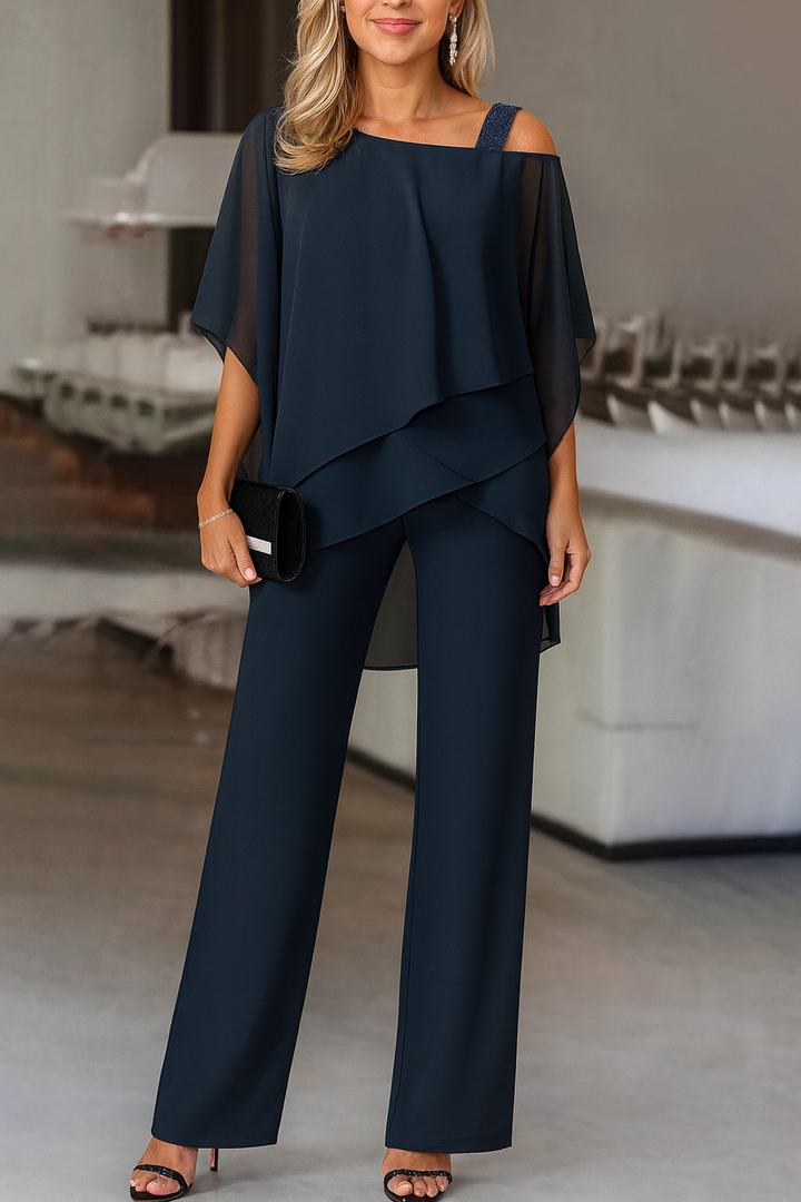 Women's One-Shoulder Chiffon Top and Trousers Evening Set