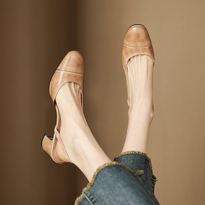 Women's Leather Round Toe Block Heel Slingback Court Shoes