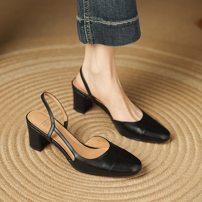 Women's Leather Round Toe Block Heel Slingback Court Shoes