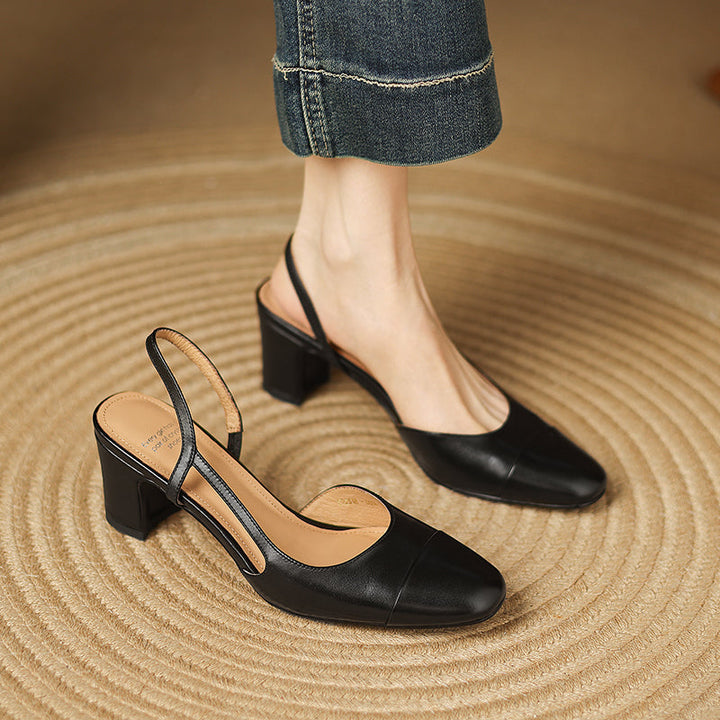 Women's Leather Round Toe Block Heel Slingback Court Shoes