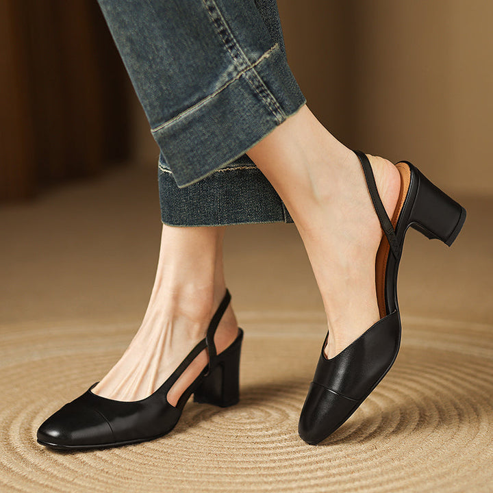 Women's Leather Round Toe Block Heel Slingback Court Shoes