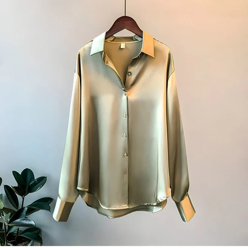 Women's Satin Finish Long Sleeve Button-Up Blouse