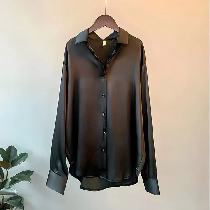 Women's Satin Finish Long Sleeve Button-Up Blouse