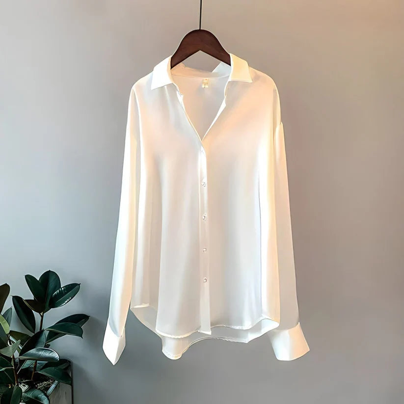 Women's Satin Finish Long Sleeve Button-Up Blouse