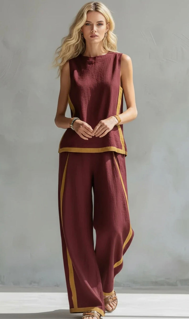 Women's Sleeveless Wide Leg Pants Set Contrast Trim