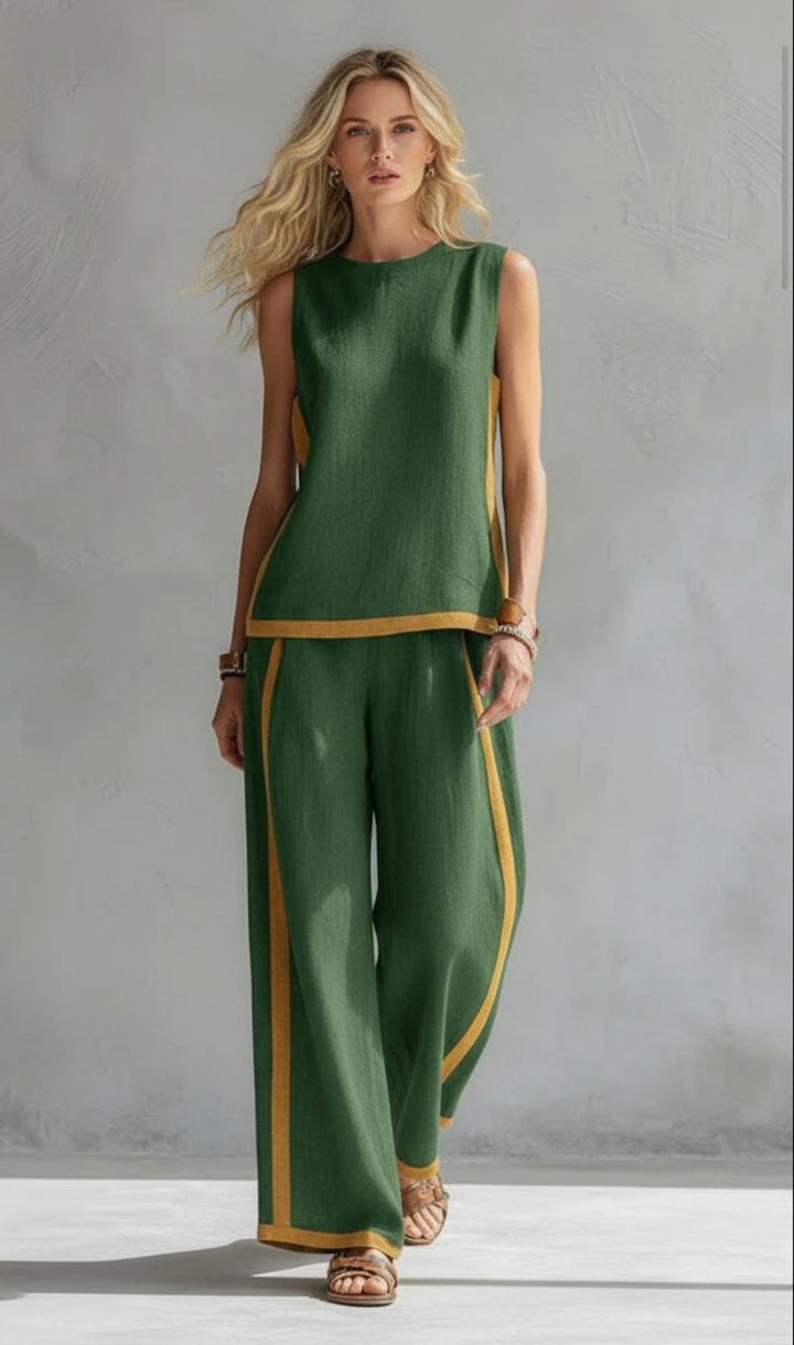 Women's Sleeveless Wide Leg Pants Set Contrast Trim