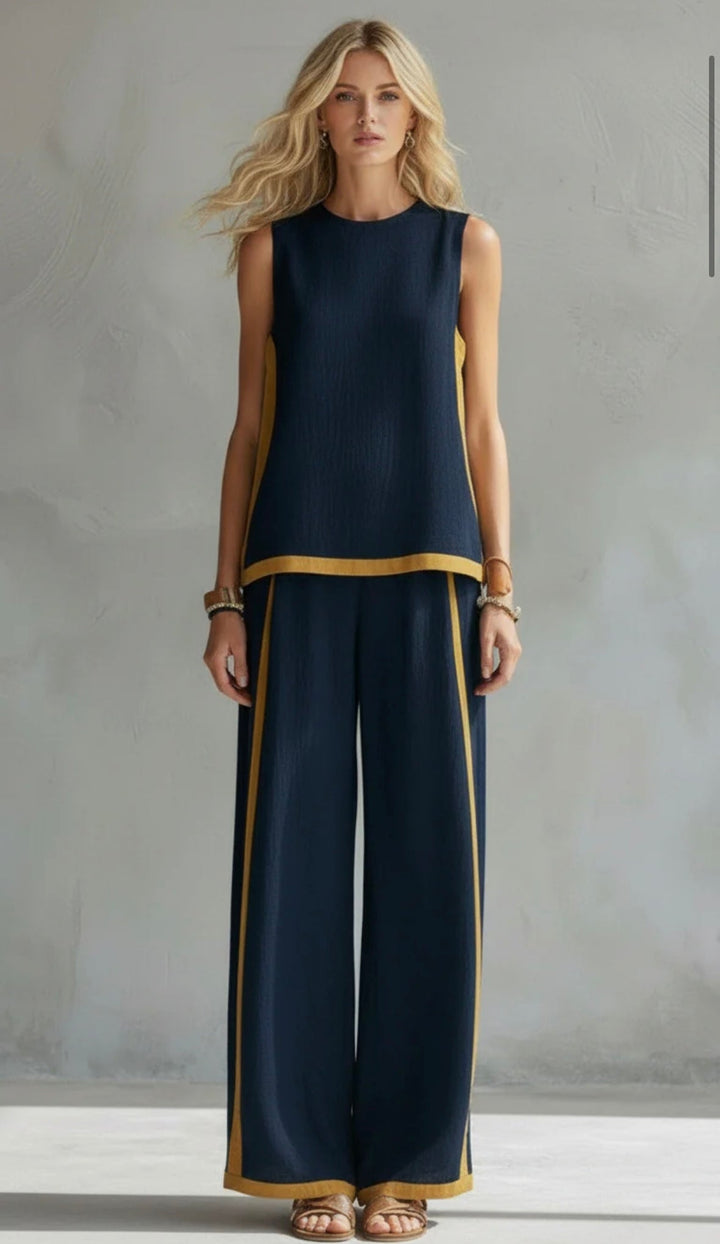 Women's Sleeveless Wide Leg Pants Set Contrast Trim