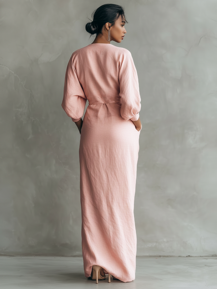 Women's Linen Wrap Maxi Dress V-Neck Batwing Sleeve Twist