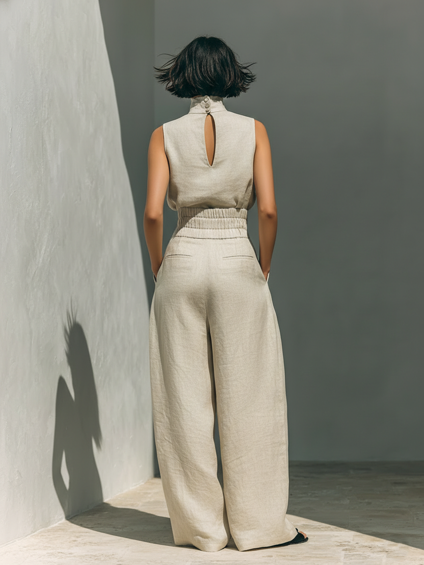 Linen Wide Leg Trousers and Top Matching Set Sleeveless