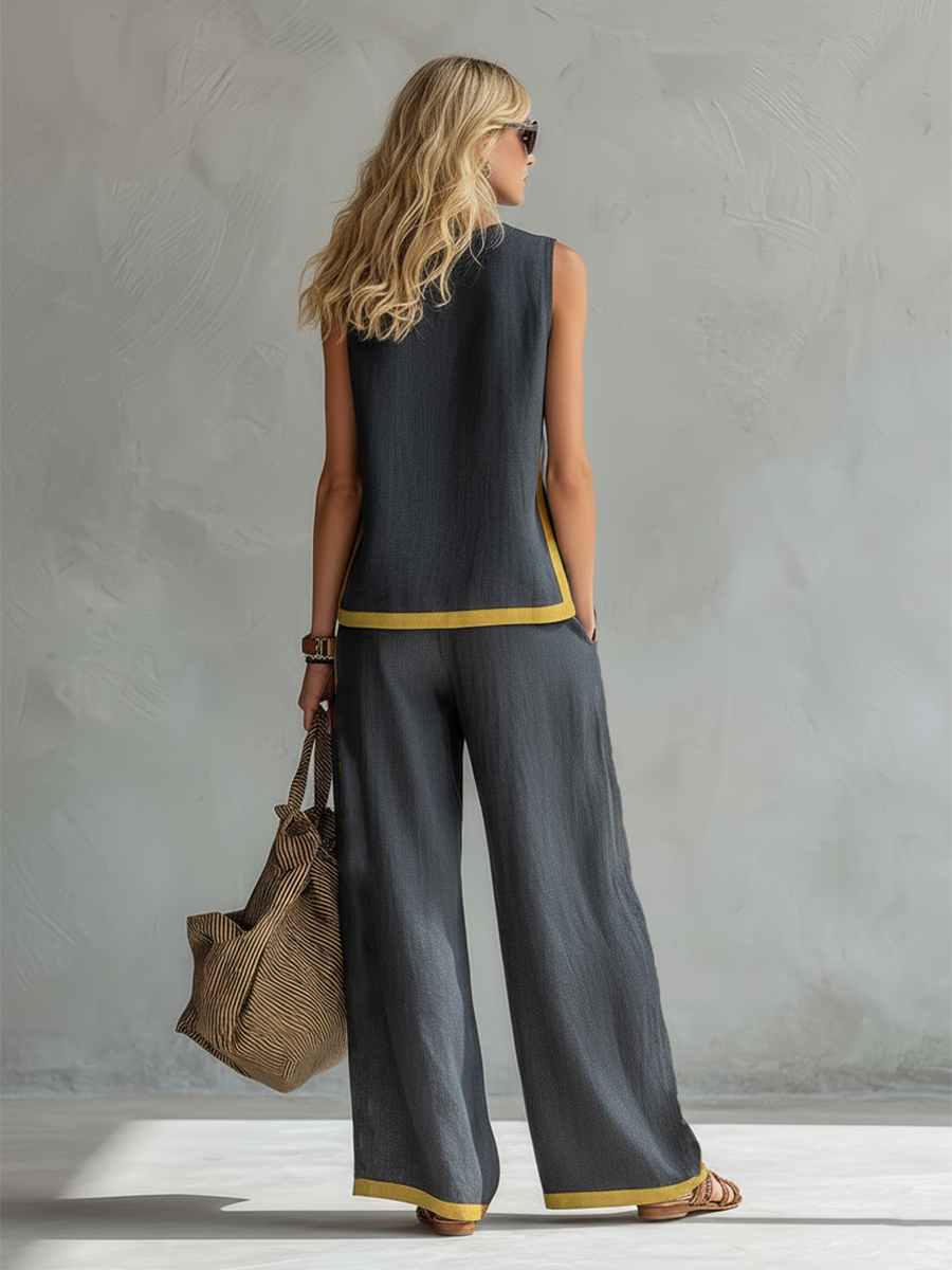 Women's Sleeveless Wide Leg Pants Set Contrast Trim