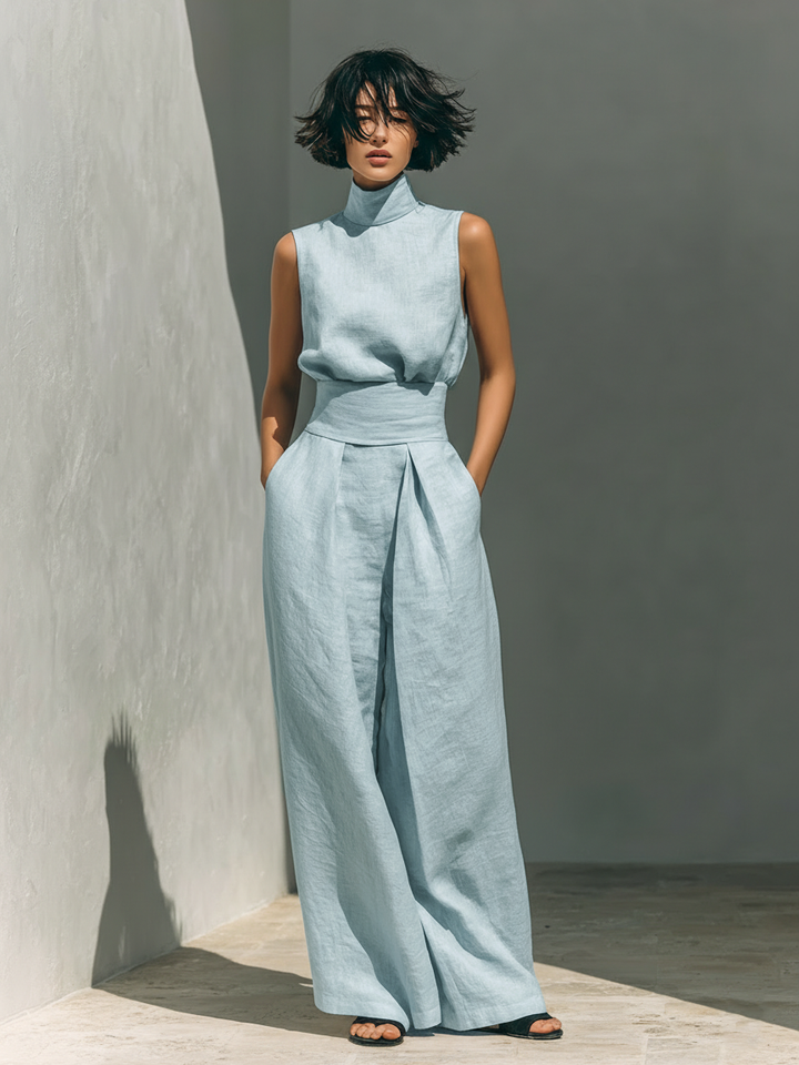 Linen Wide Leg Trousers and Top Matching Set Sleeveless