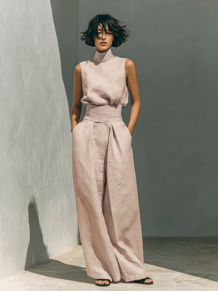 Linen Wide Leg Trousers and Top Matching Set Sleeveless