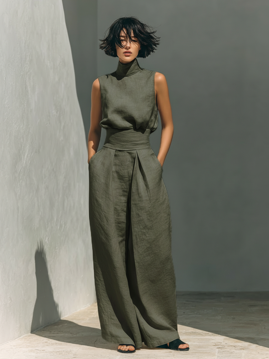 Linen Wide Leg Trousers and Top Matching Set Sleeveless