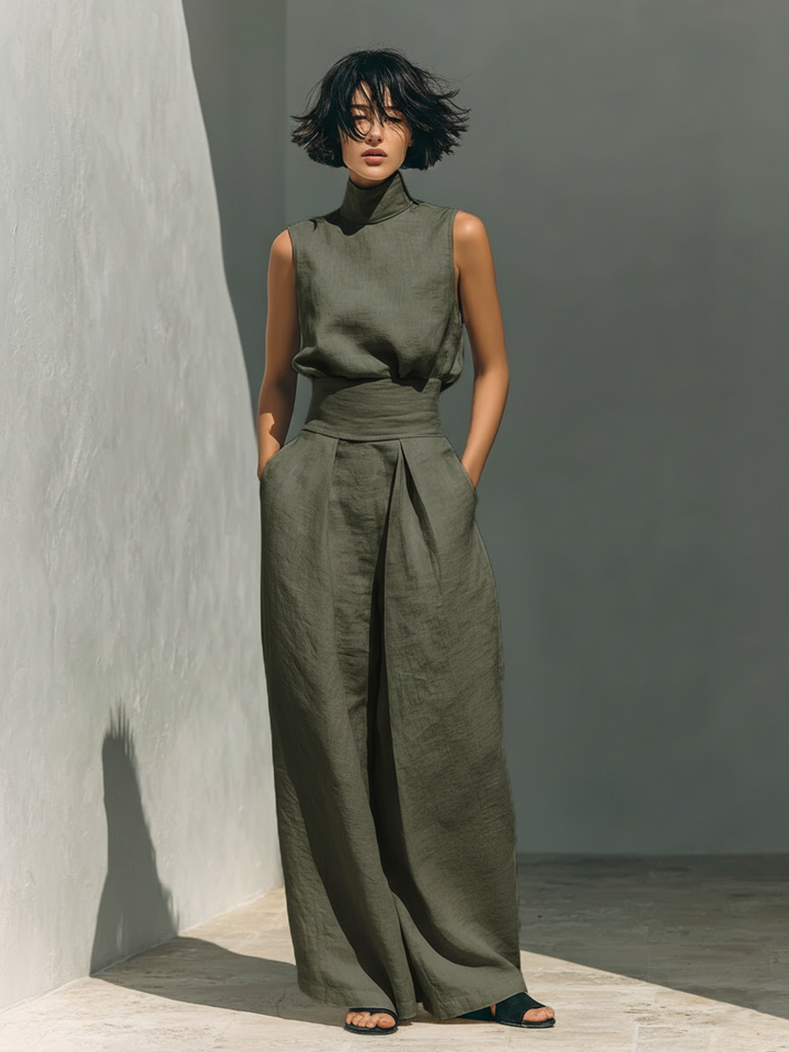 Linen Wide Leg Trousers and Top Matching Set Sleeveless