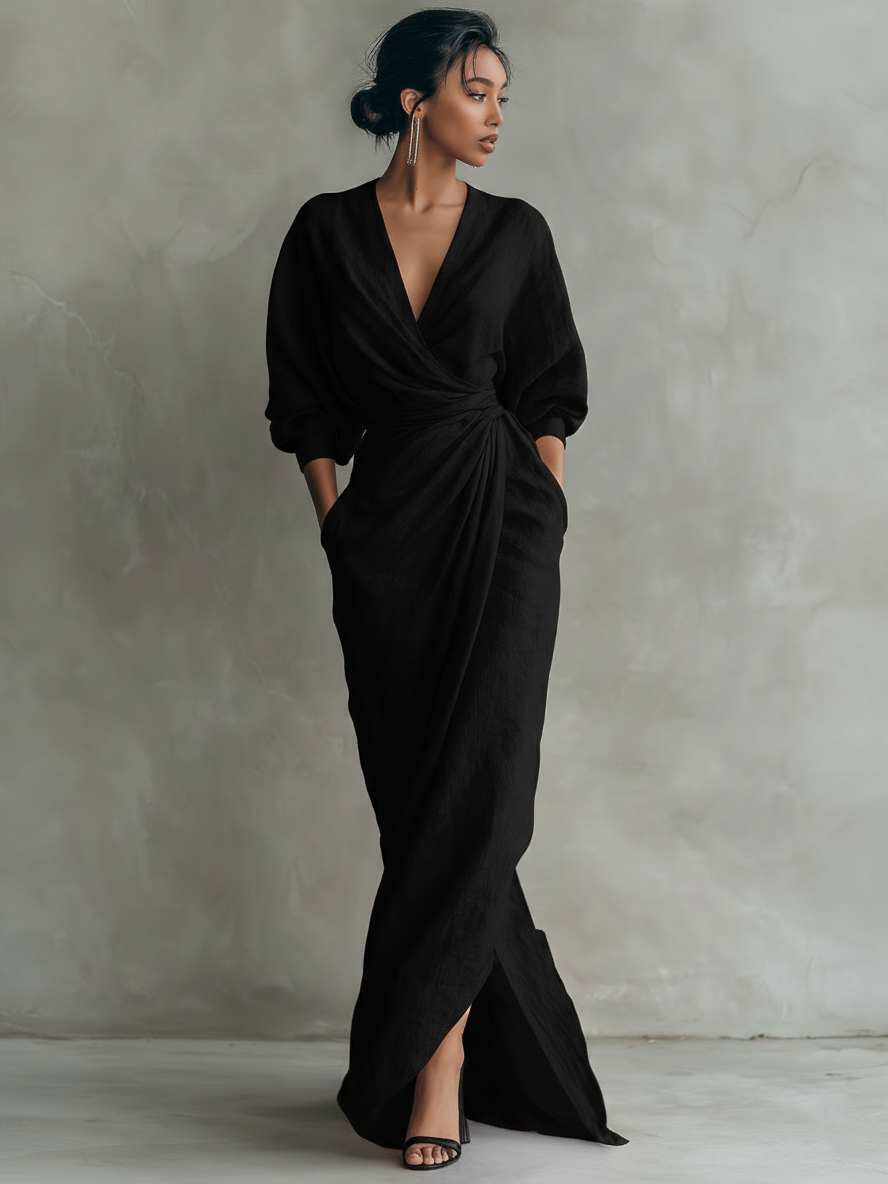 Women's Linen Wrap Maxi Dress V-Neck Batwing Sleeve Twist