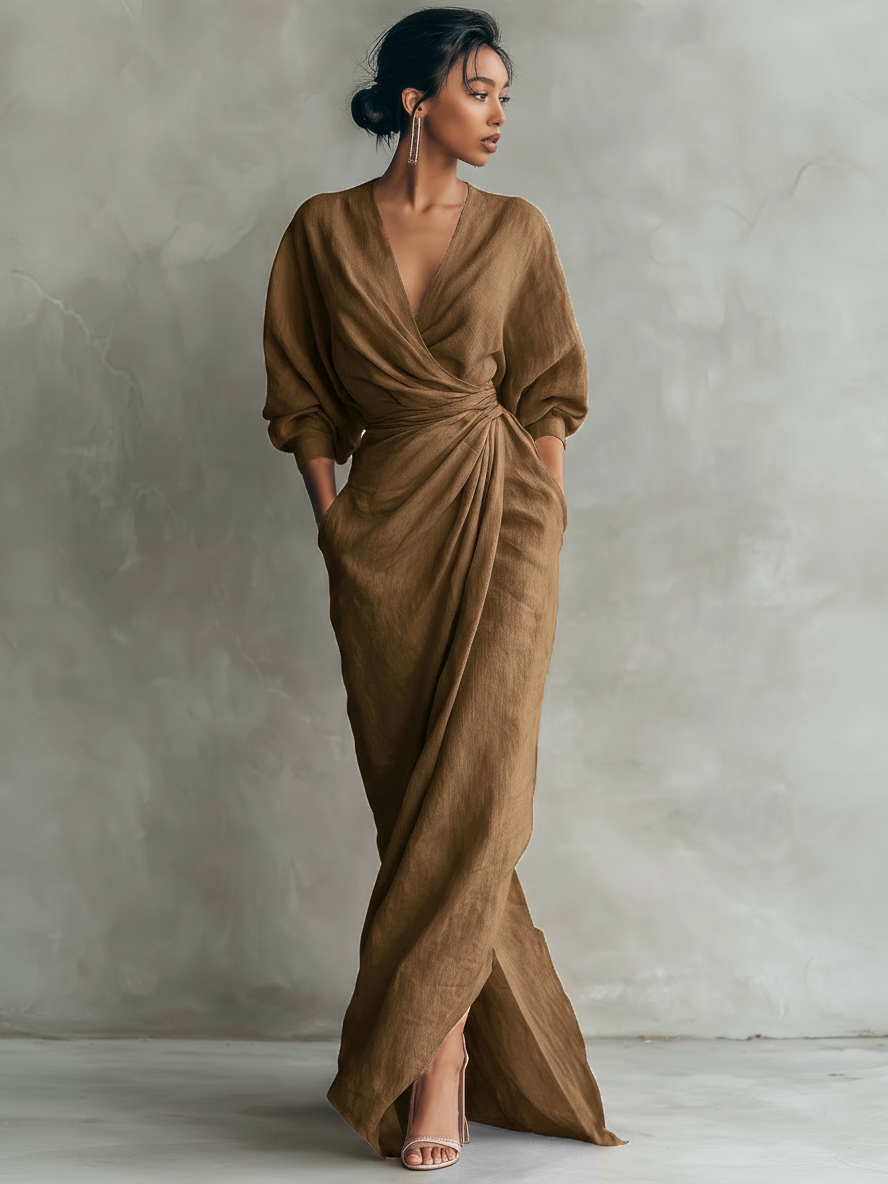 Women's Linen Wrap Maxi Dress V-Neck Batwing Sleeve Twist