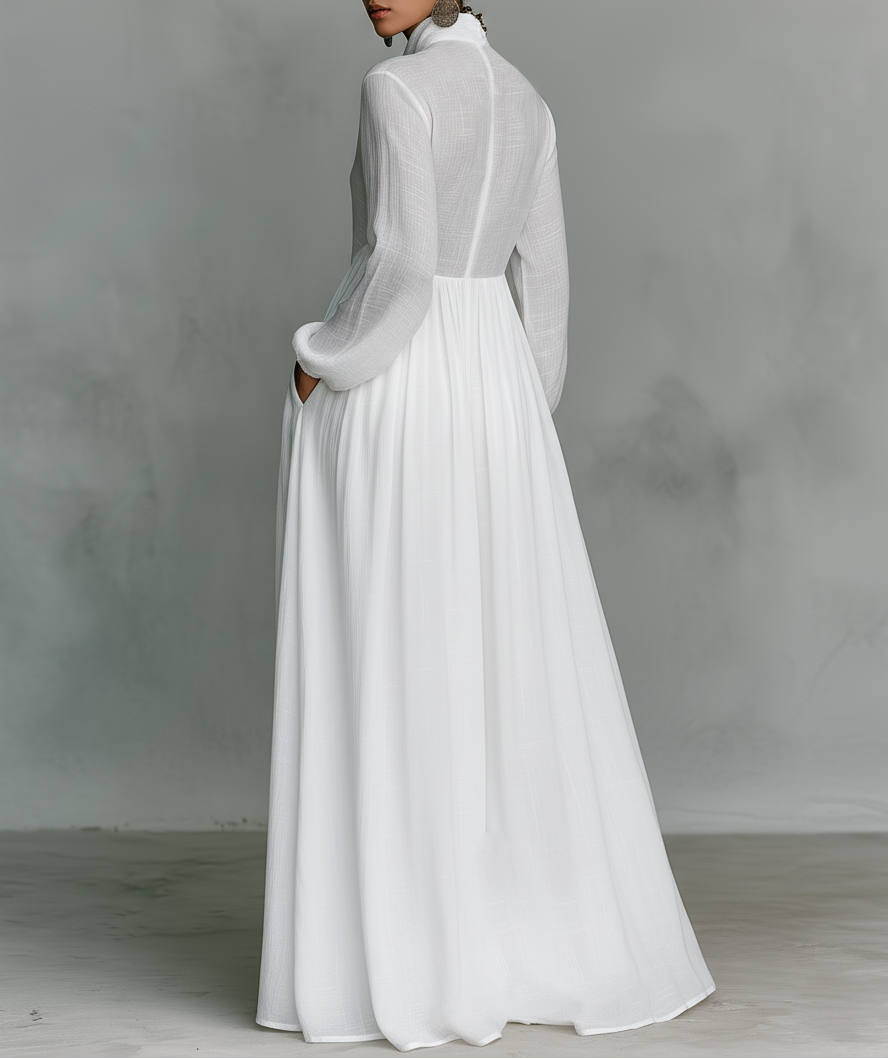 Women's Flowing Button-Front Maxi Dress with Long Sleeves and V-Neckline