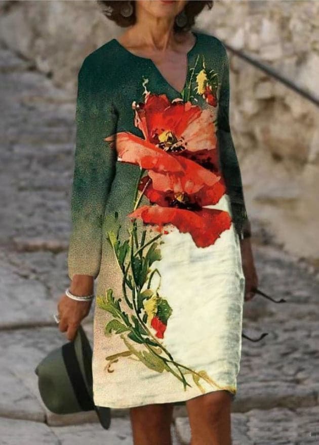 Women's Floral Border Print V-Neck Short Sleeve Midi Dress