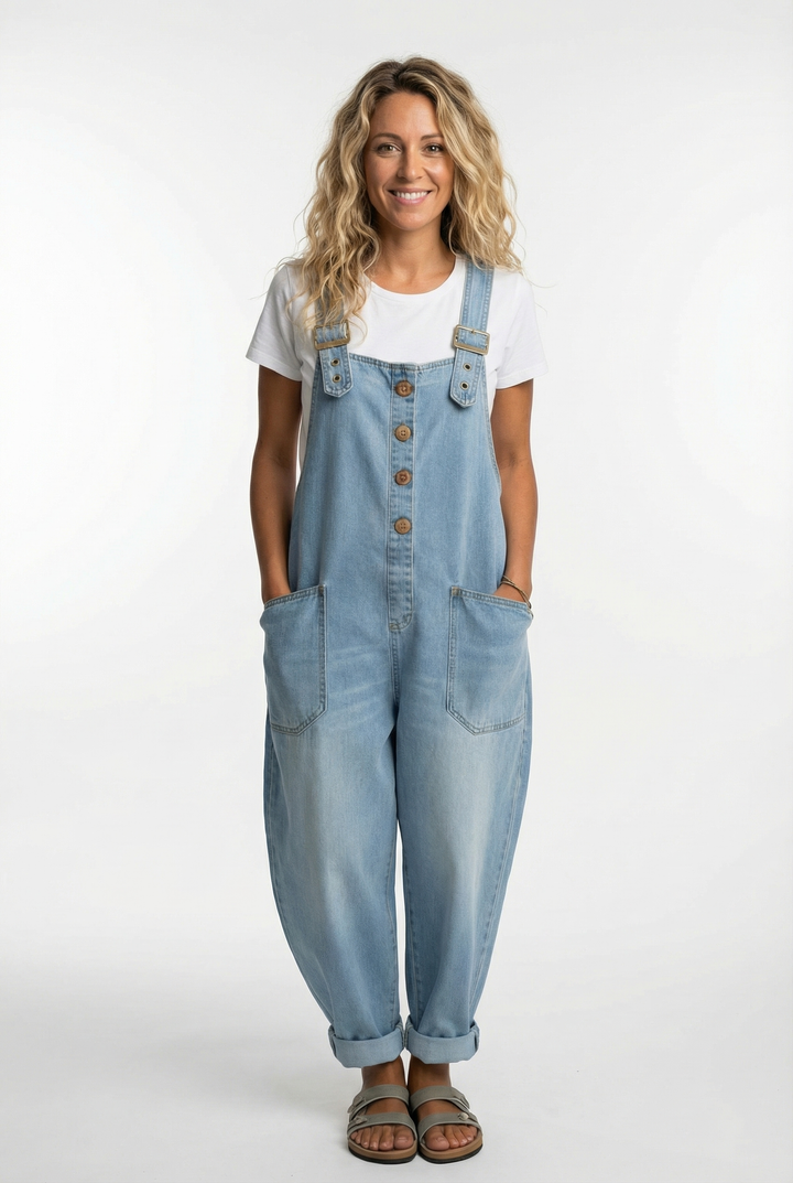 Women's Denim Dungarees Wide Leg Adjustable Strap Overalls