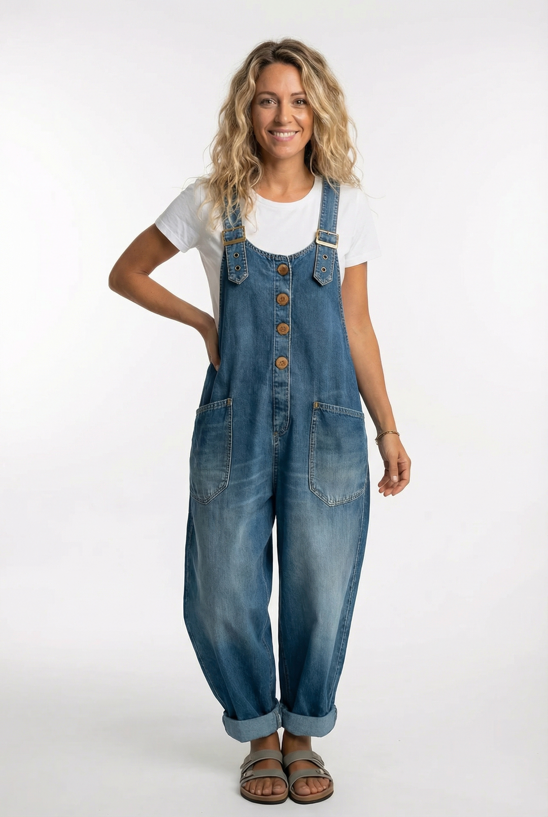 Women's Denim Dungarees Wide Leg Adjustable Strap Overalls