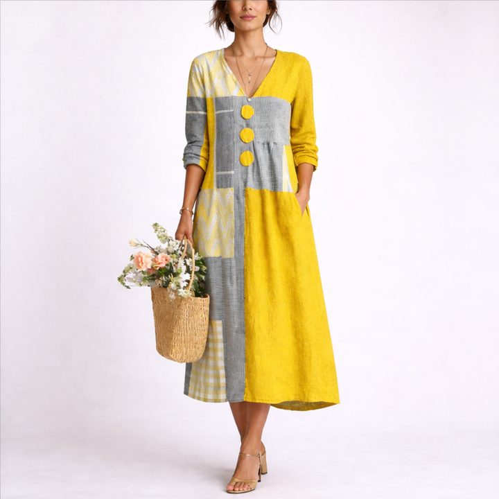 Women's Patchwork Print V-Neck Button Front Midi Dress