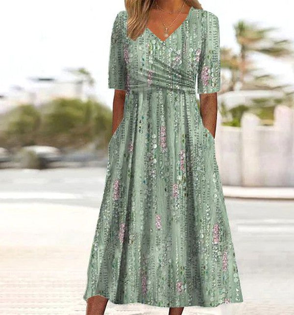 Women's Floral Print V-Neck Wrap Bodice Summer Midi Dress