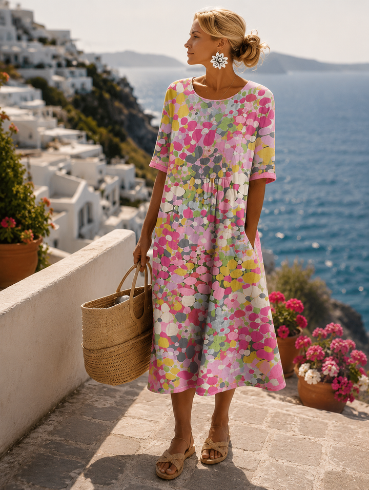 Women's Abstract Spot Print Round Neck Three-Quarter Sleeve Midi Dress