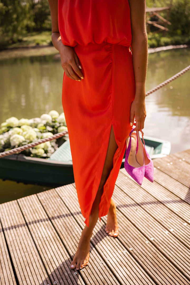 Women's Sleeveless High Neck Blouson Top Front Slit Midi Dress