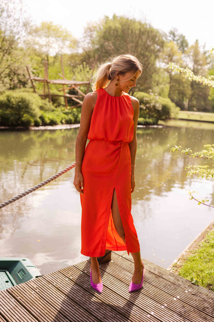 Women's Sleeveless High Neck Blouson Top Front Slit Midi Dress