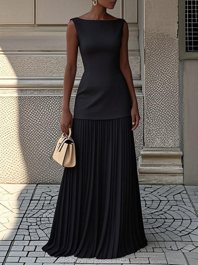 Women's Bateau Neck Sleeveless Pleated Maxi Dress