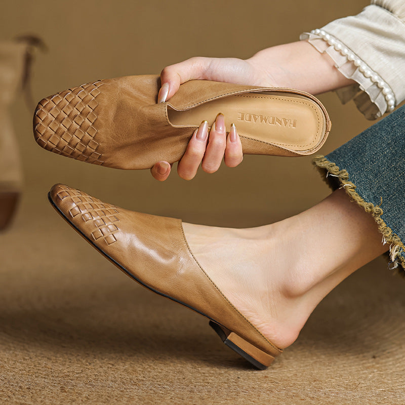 Women's Orthopaedic Genuine Leather Woven Square Toe Loafer Mules